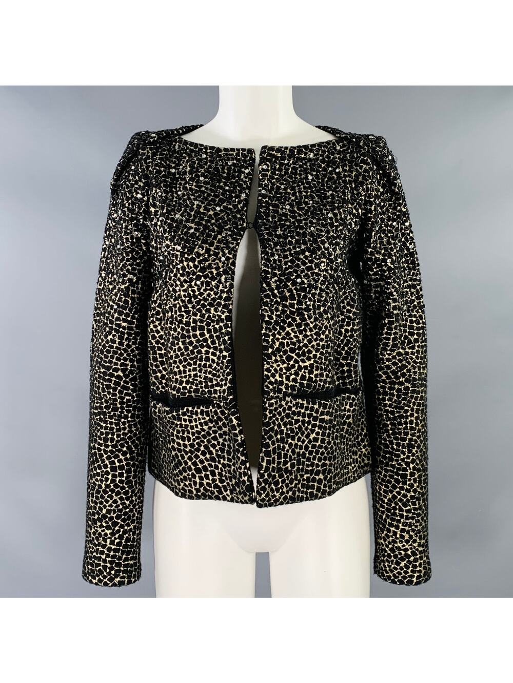 DIANE VON FURSTENBERG Size S Joele Black Gold Wool Cropped Jacket Blazer
